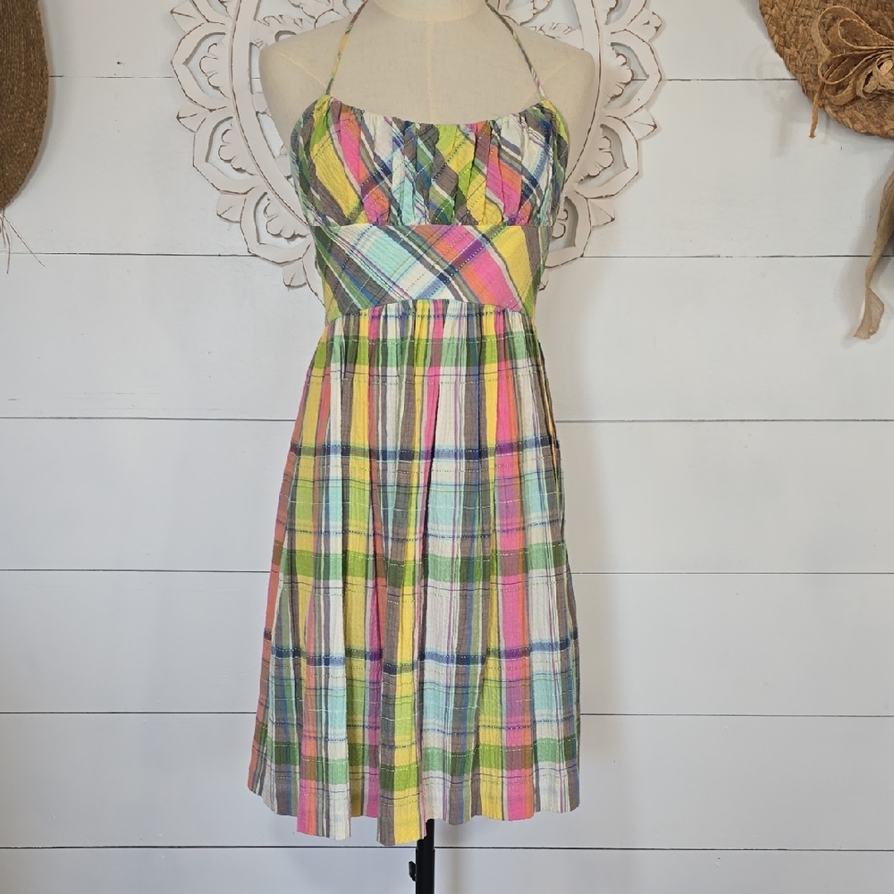Tibi Cotton Plaid Halter Open Back Summer Sun Dress Sz 8
